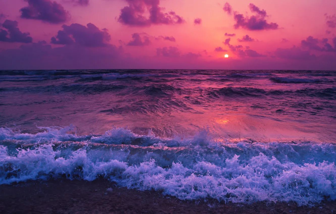 Photo wallpaper waves, sea, sunset