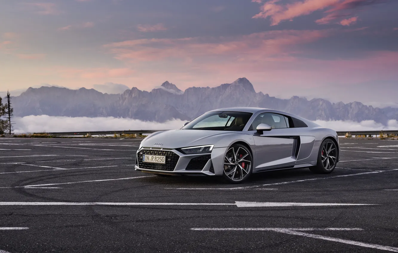 Photo wallpaper sunset, mountains, Audi, Parking, supercar, Audi R8, Coupe, V10