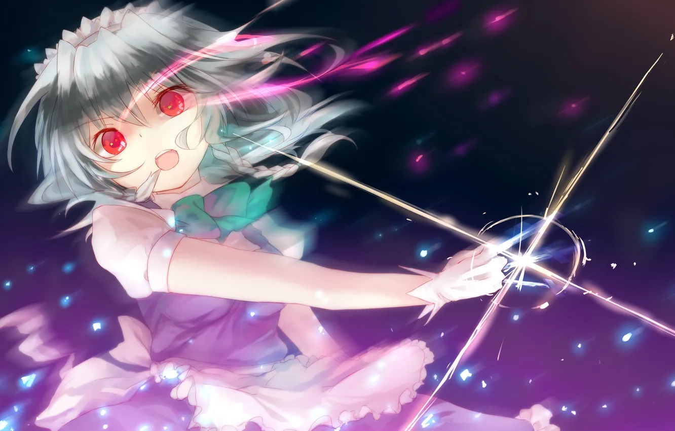 Photo wallpaper girl, weapons, magic, art, knife, braids, touhou, Izayoi Sakuya