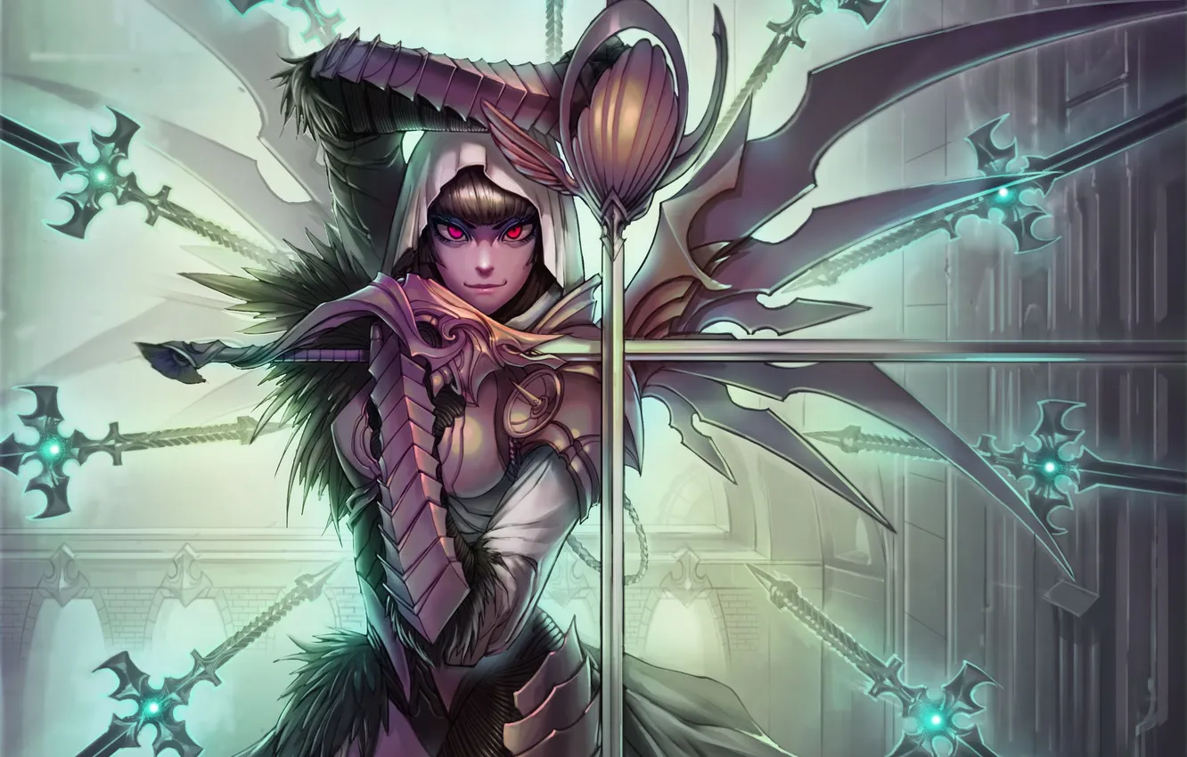 Photo wallpaper girl, armor, art, red eyes, blade, rapier, hellcherr