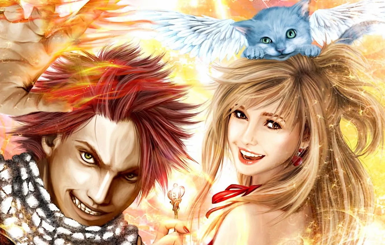 Photo wallpaper girl, wings, laughter, key, art, guy, kitty, fairy tail