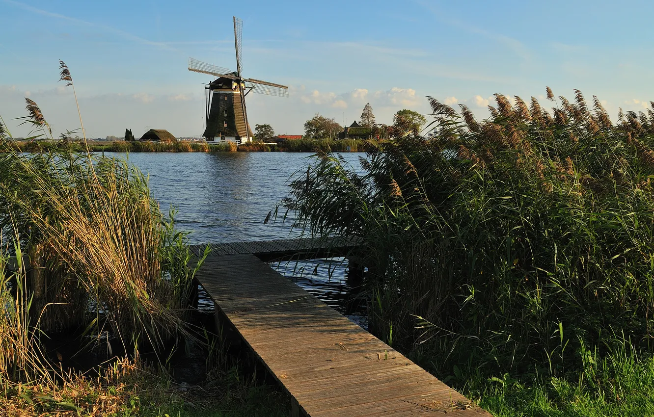 Photo wallpaper the sky, pier, channel, the bridge, windmill