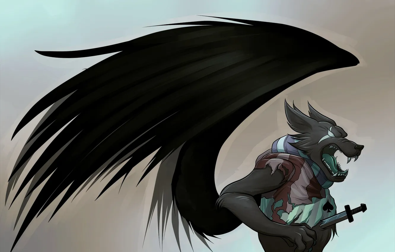Photo wallpaper sword, wings, wolf