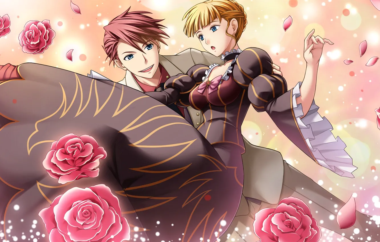 Photo wallpaper girl, flowers, art, guy, two, Umineko no Naku Koro ni