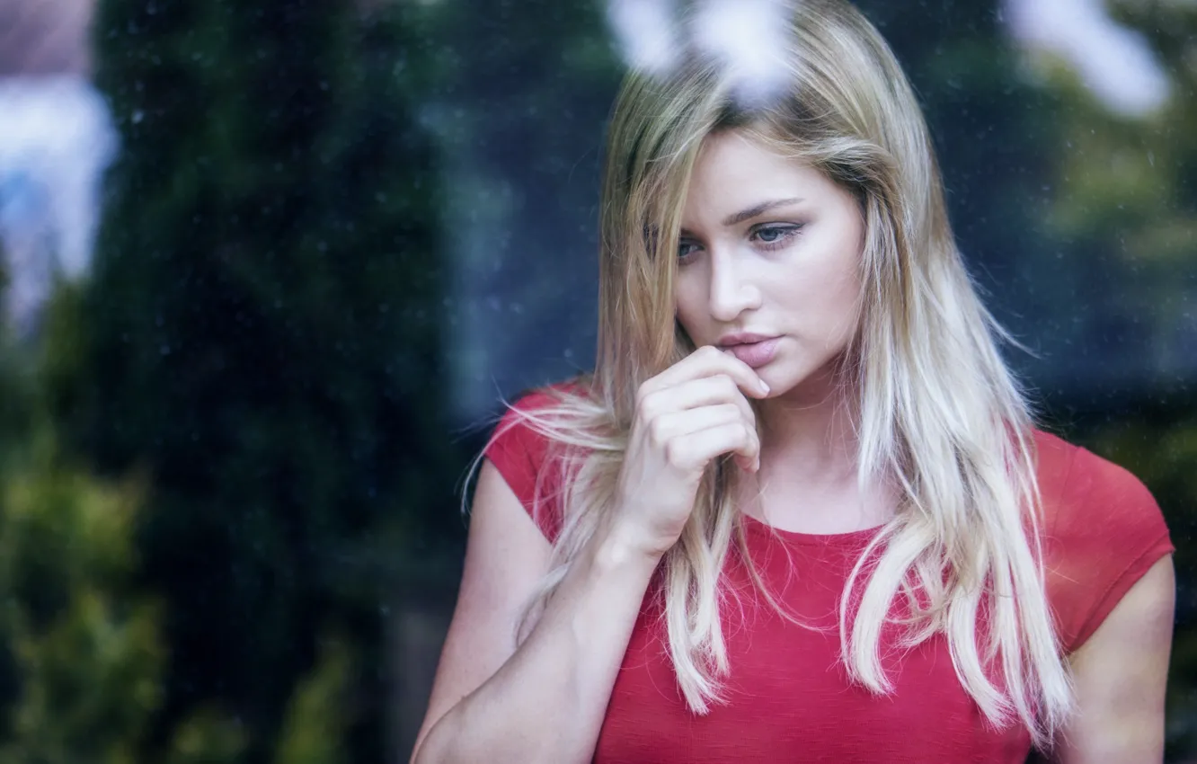 Photo wallpaper sadness, look, glass, girl, background, hair