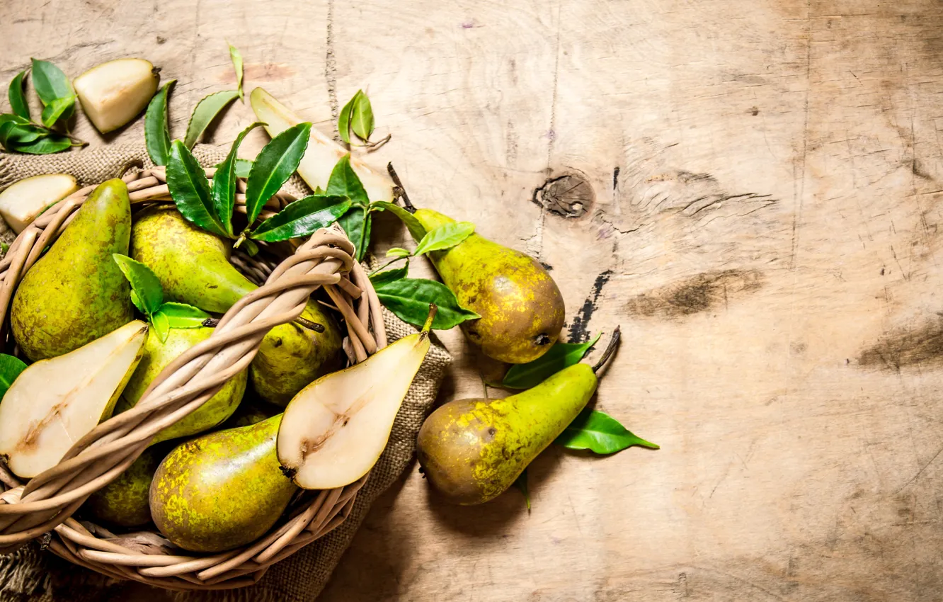 Photo wallpaper leaves, food, fruit, basket, pear