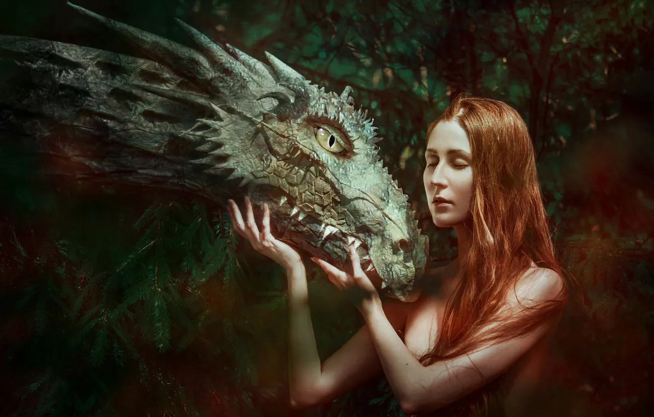 Photo wallpaper face, girl, face, style, dragon, fantasy, redhead, cosplay