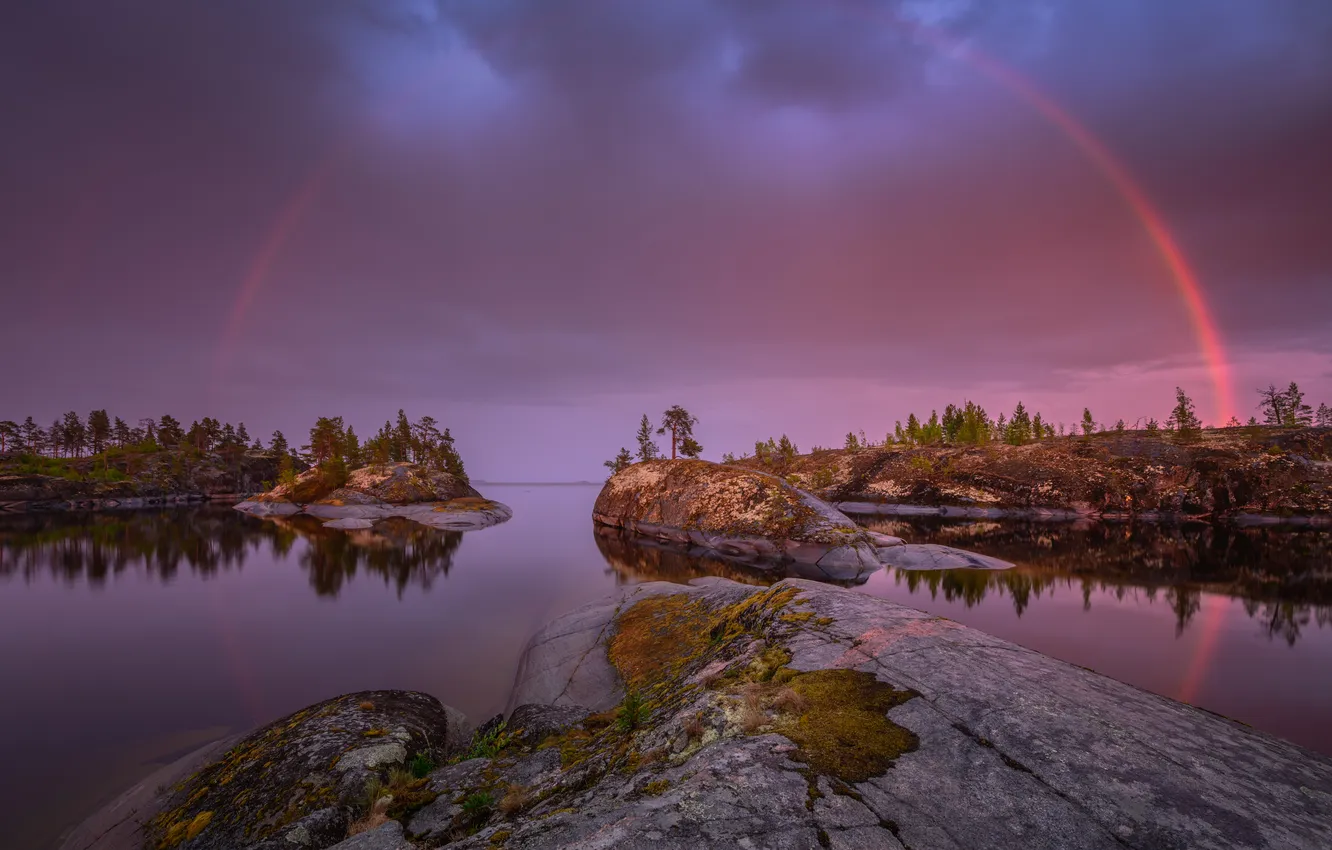 Photo wallpaper clouds, trees, rainbow, horizon, pond, the beauty of nature, picturesque pond, Evdokimov Maxim