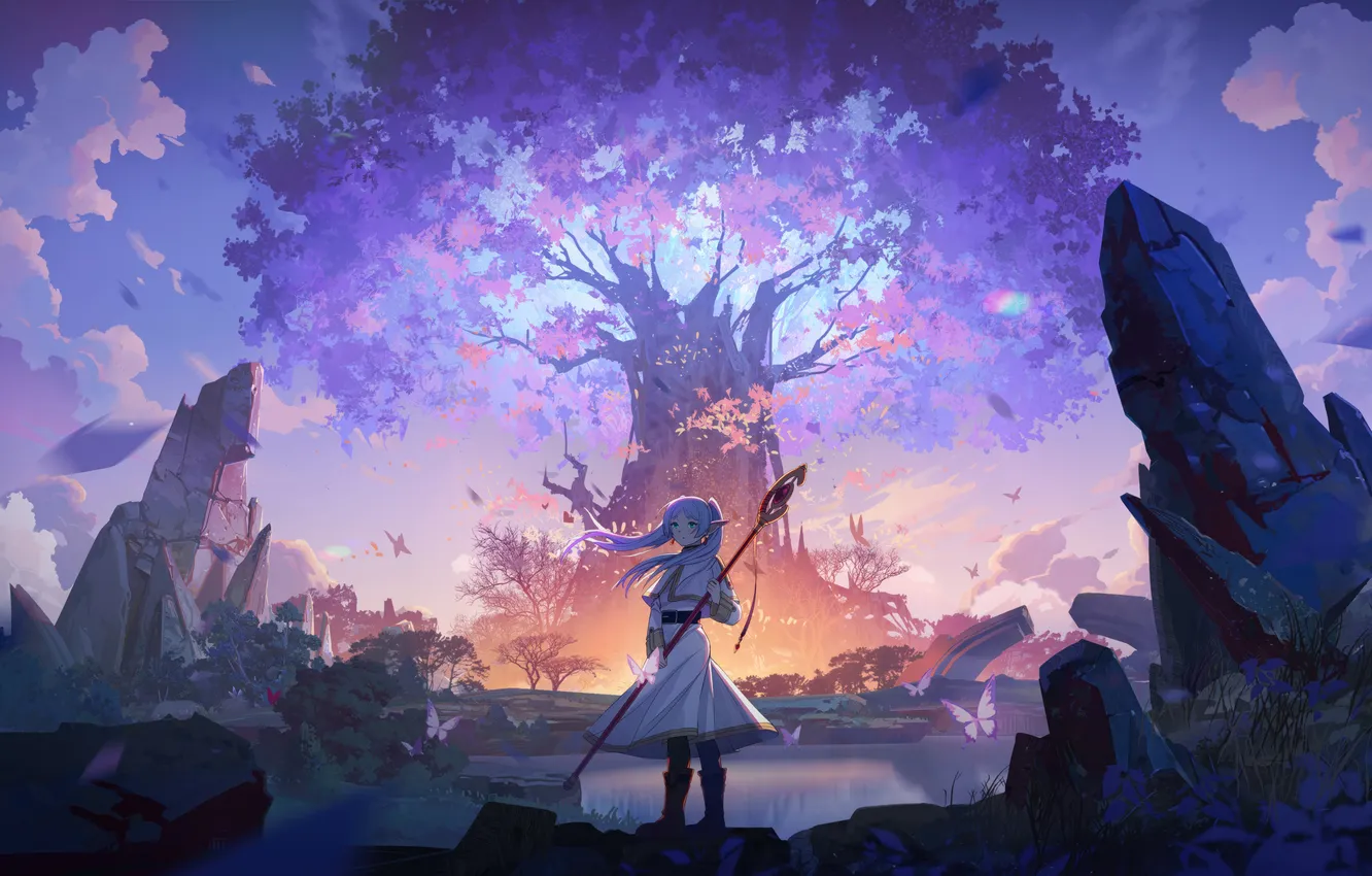 Photo wallpaper clouds, trees, landscape, loneliness, the game, anime, river, characters