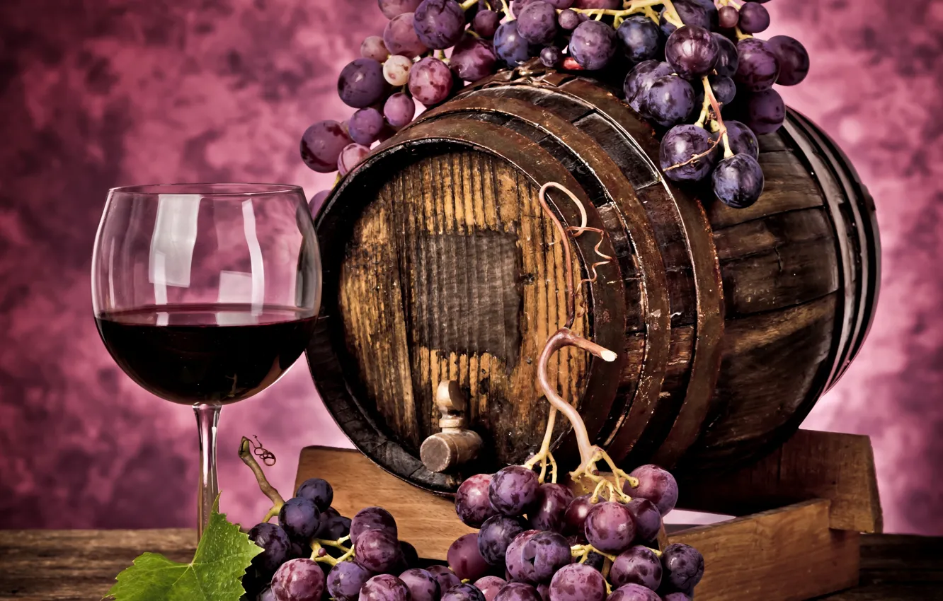 Photo wallpaper red, berries, wine, glass, grapes, drink, barrel, vine