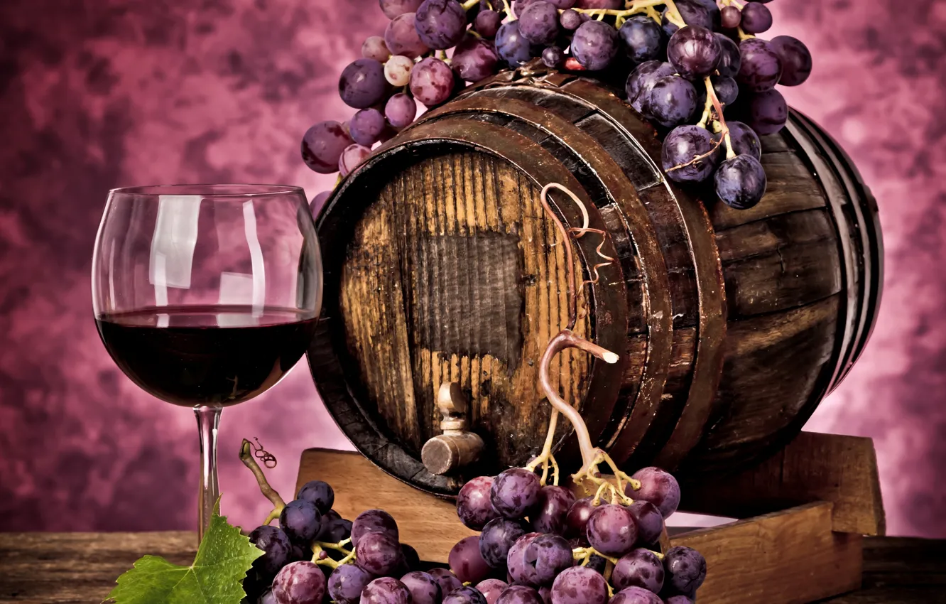Photo wallpaper red, berries, wine, glass, grapes, drink, barrel, grapes