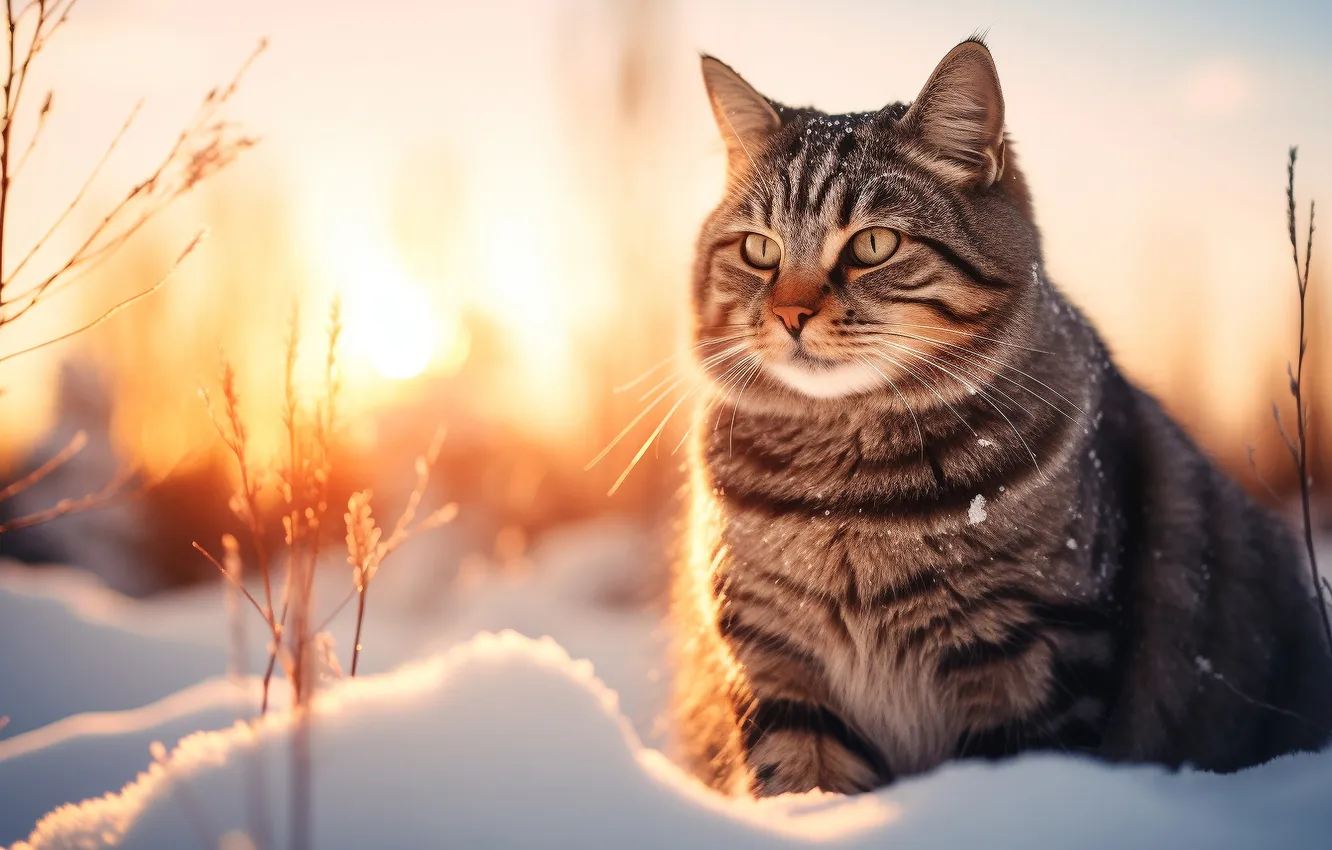 Photo wallpaper winter, cat, cat, look, the sun, rays, light, snow