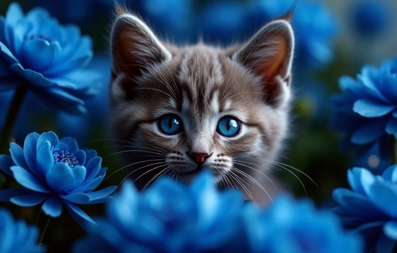 Photo wallpaper cat, eyes, cat, look, flowers, blue, pose, grey