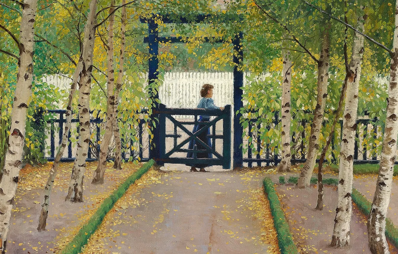 Photo wallpaper girl, trees, picture, birch, wicket, Danish painter, Paul Gustav Fischer, Paul Gustav Fischer