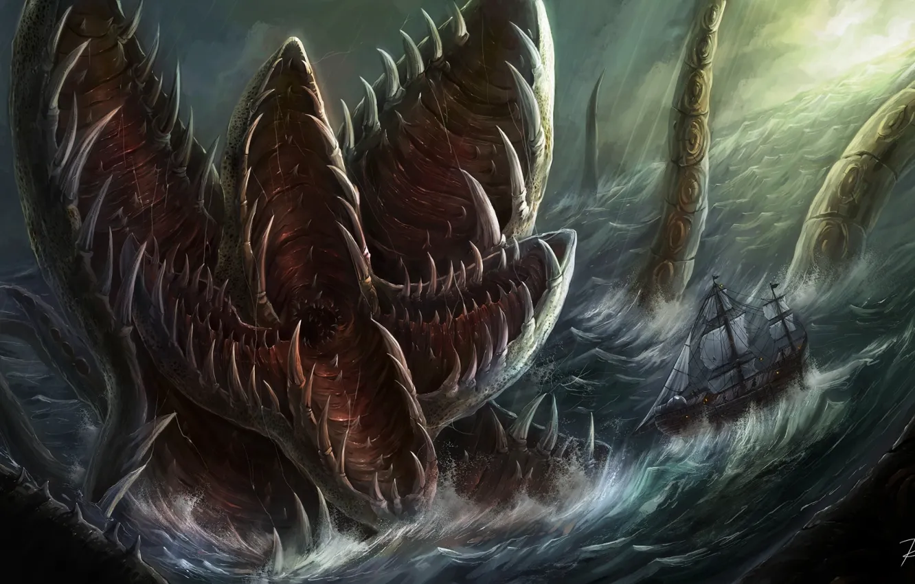 Photo wallpaper sea, ship, monster, fangs, horror