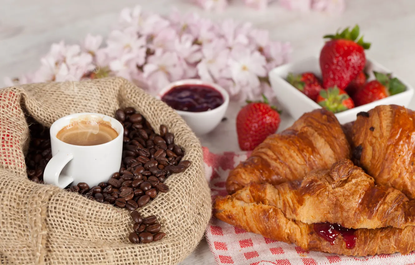 Photo wallpaper flowers, coffee, grain, Breakfast, strawberry, Cup, drink, bag