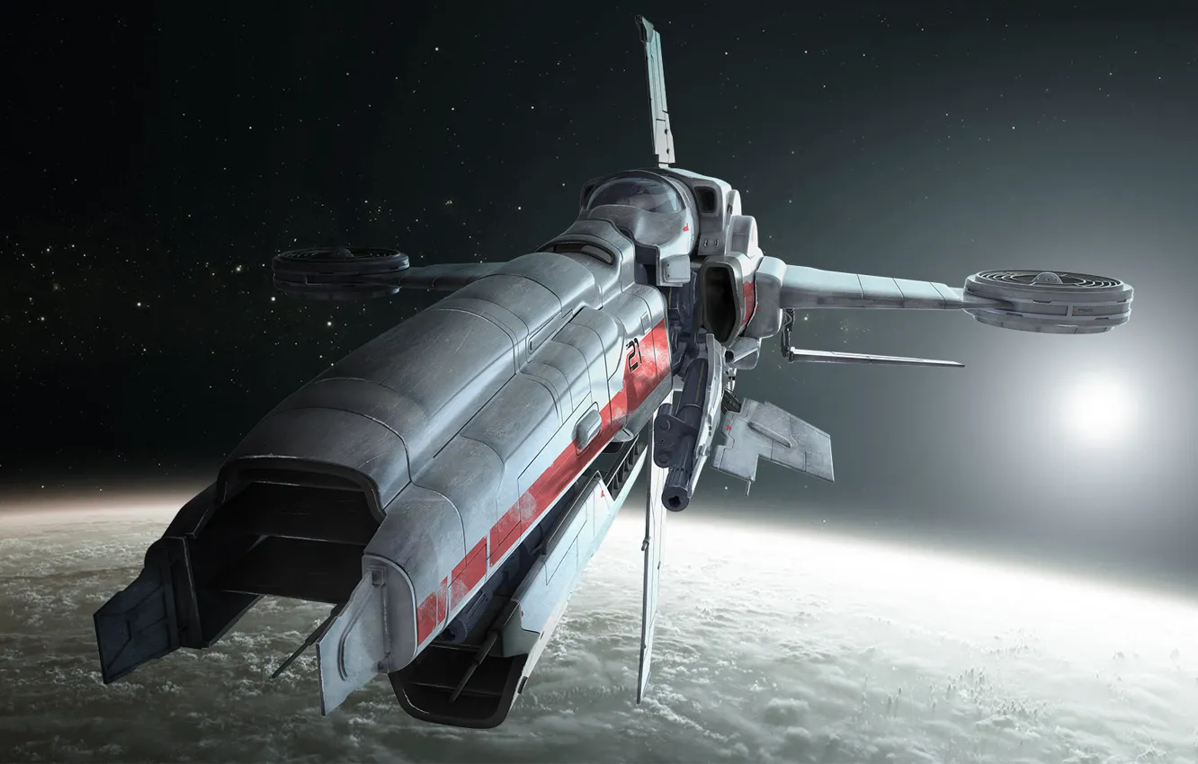 Photo wallpaper stars, clouds, planet, spaceship