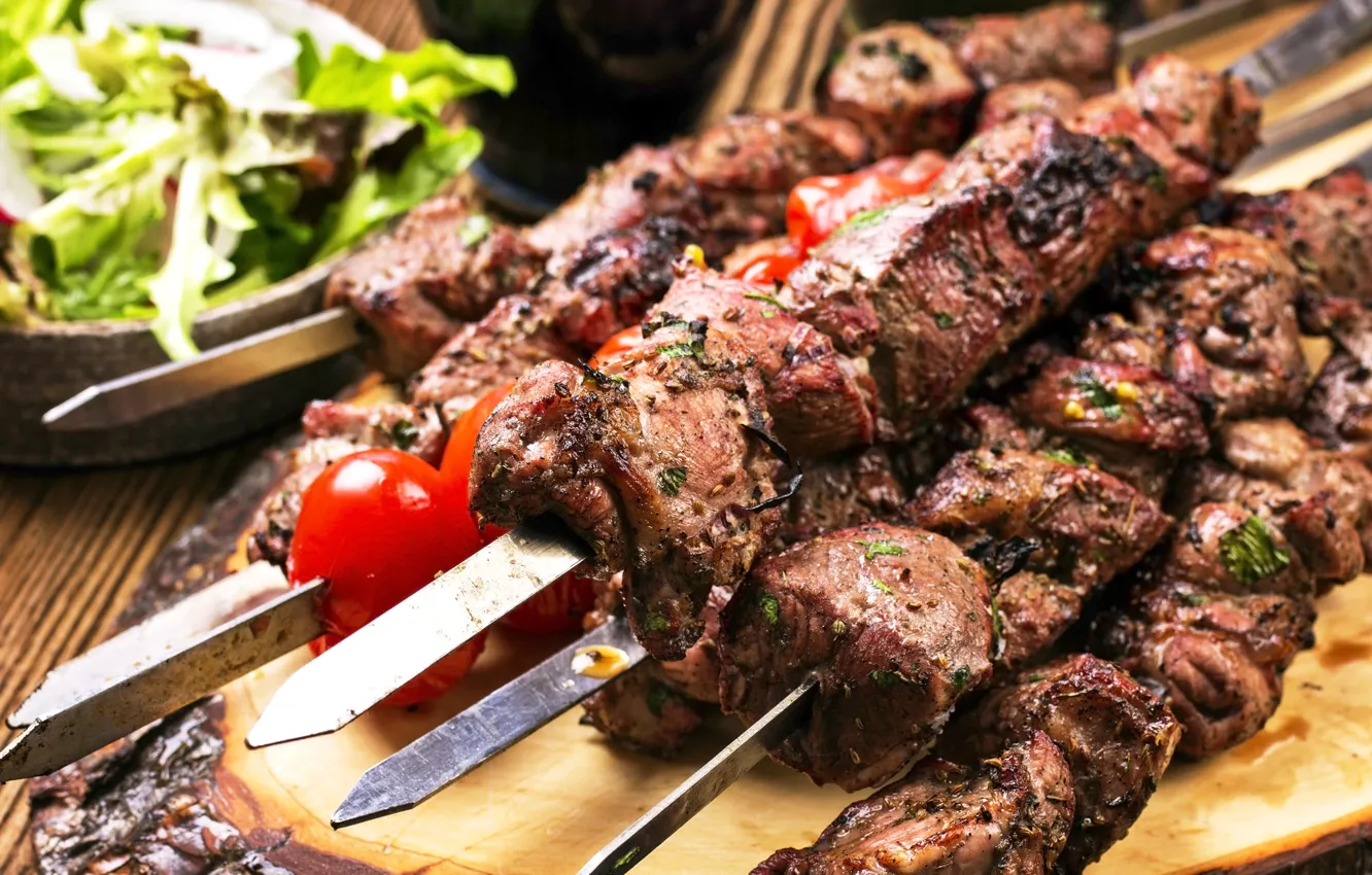 Photo wallpaper meat, tomatoes, kebab, tomatoes, meat