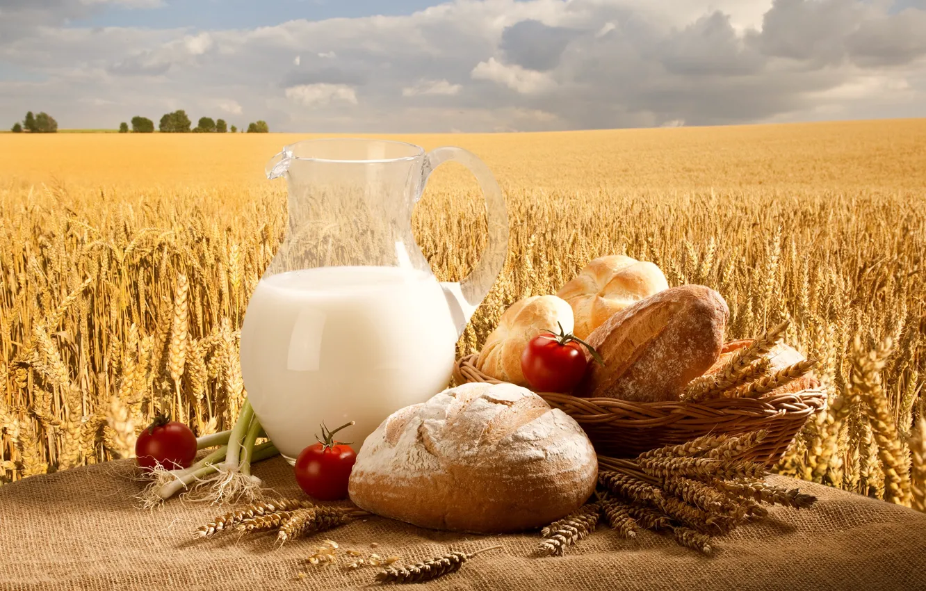 Photo wallpaper wheat, field, the sky, basket, milk, bow, bread, pitcher