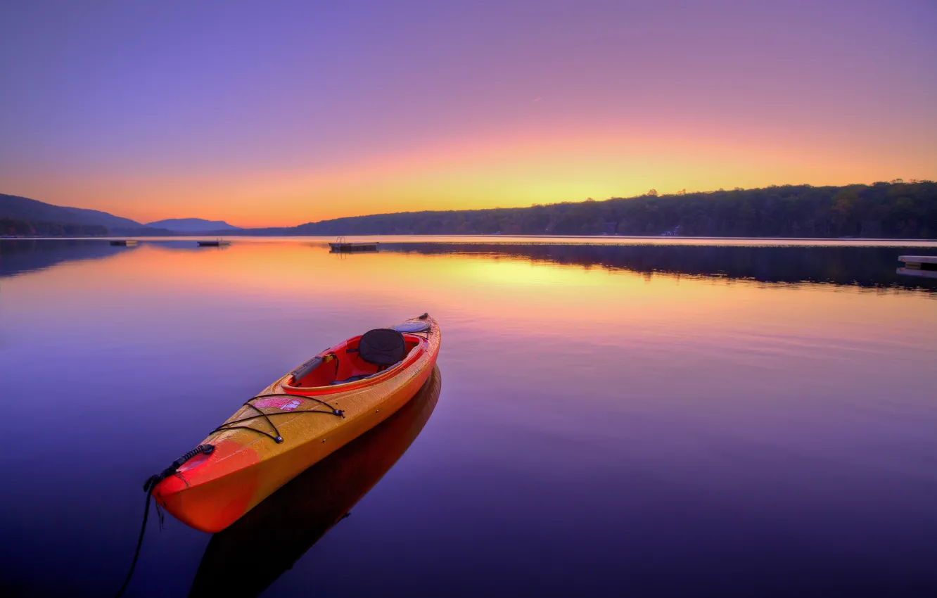 Photo wallpaper landscape, space, river, dawn, stay, boat, calm, silence