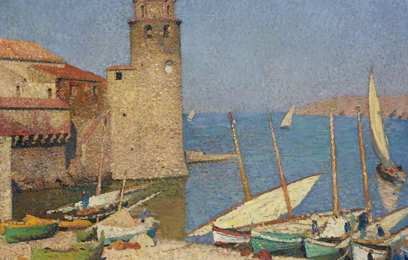Photo wallpaper boat, tower, picture, Henri-Jean Guillaume Martin, Henri Matrin, Port Kalliola