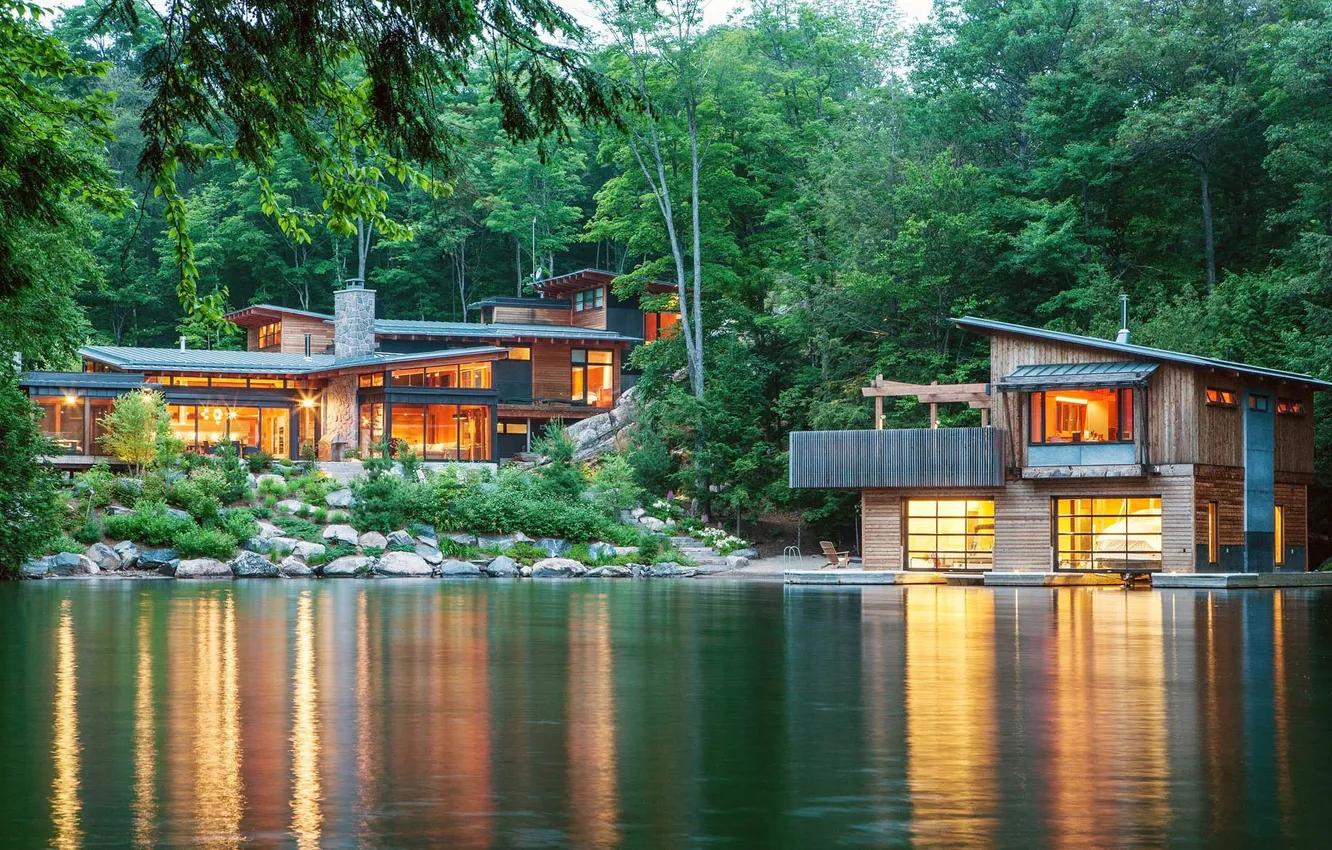 Photo wallpaper forest, grass, trees, nature, lake, plant, home, house