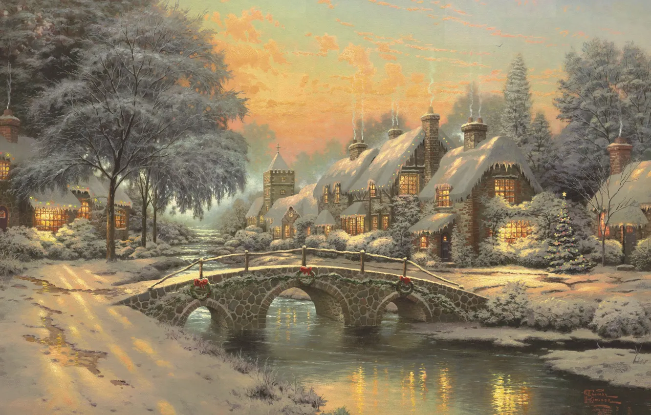 Photo wallpaper Christmas, town, painting, herringbone, Thomas Kinkade, Thomas Kinkade, cottages