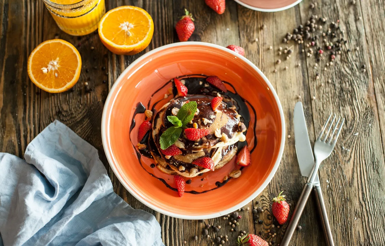 Photo wallpaper chocolate, Breakfast, strawberry, juice, dessert, wood, pancakes