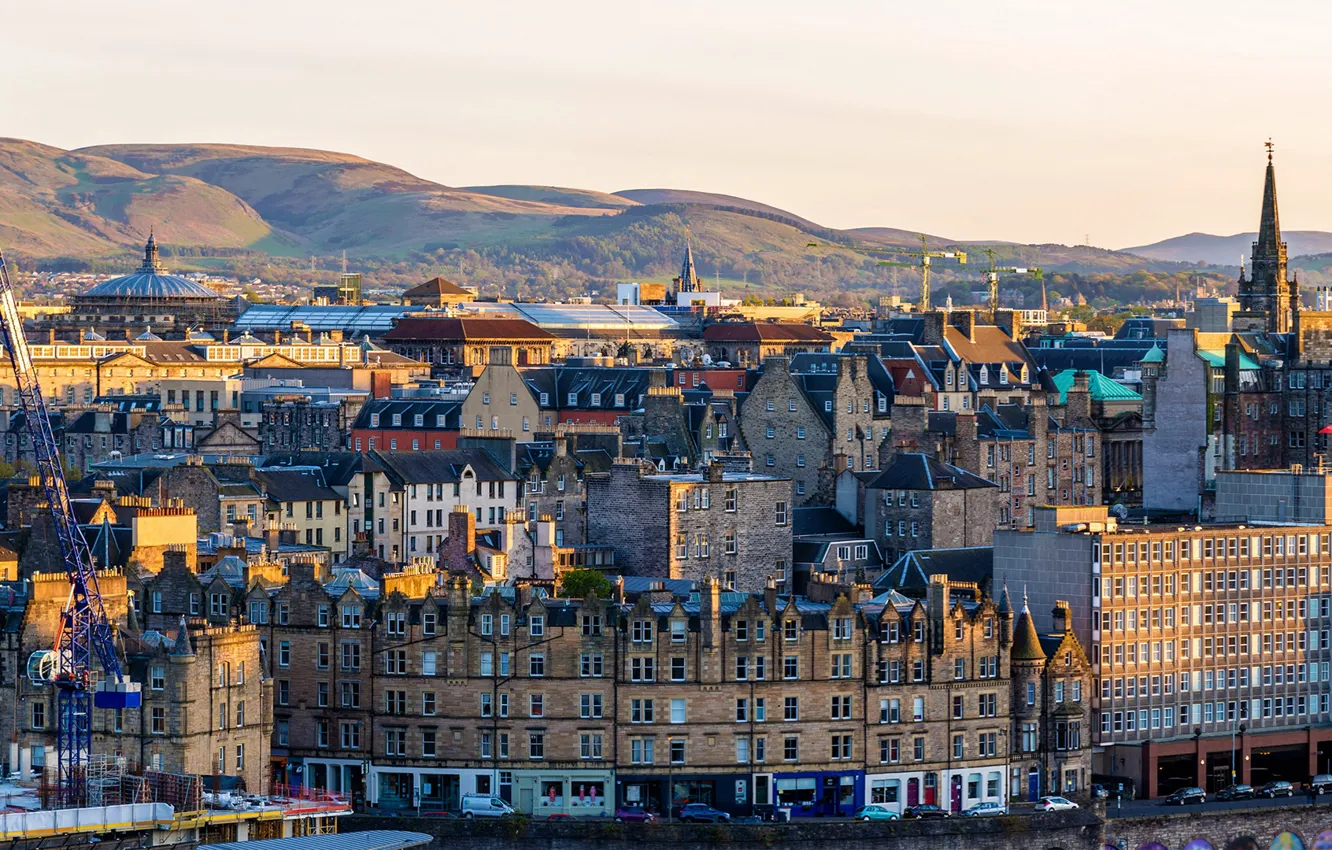 Photo wallpaper the sky, the sun, landscape, mountains, the city, home, Scotland, Edinburgh
