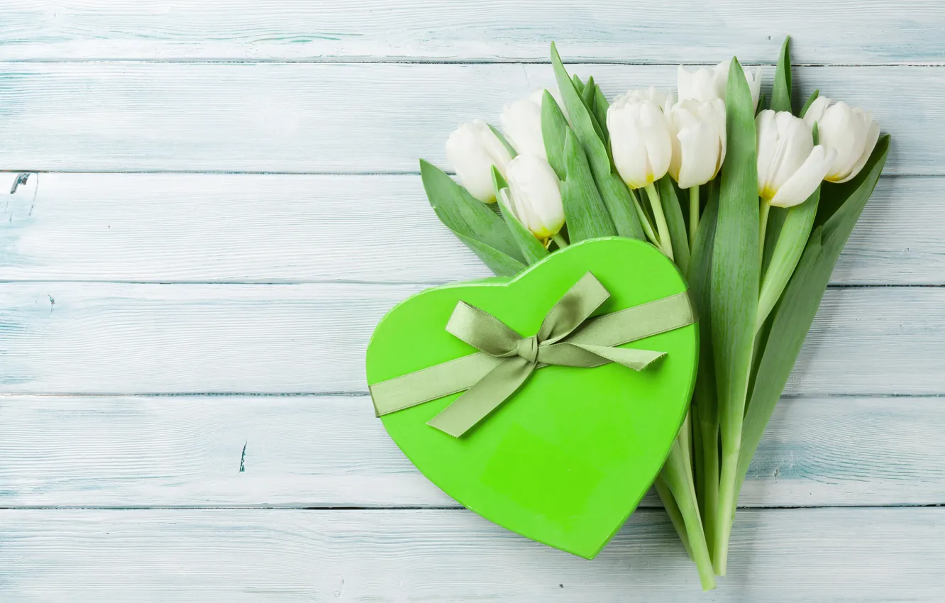Photo wallpaper flowers, gift, bouquet, tulips, love, white, heart, wood
