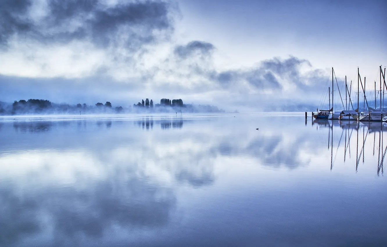 Photo wallpaper yacht, morning, shore, lake, haze, haze, pier