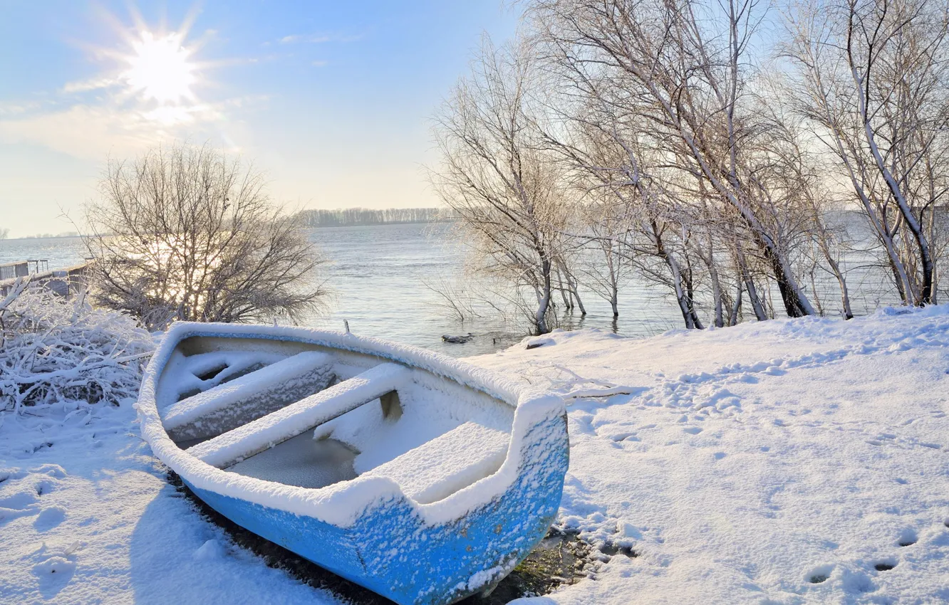 Photo wallpaper winter, snow, boat, new year, Christmas, frost