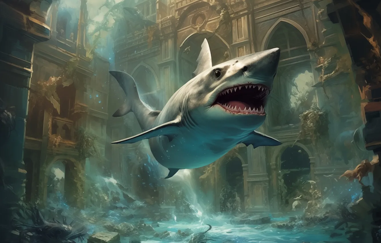 Photo wallpaper building, predator, shark, teeth, underwater world, digital art, AI art, The Art of Artificial Intelligence