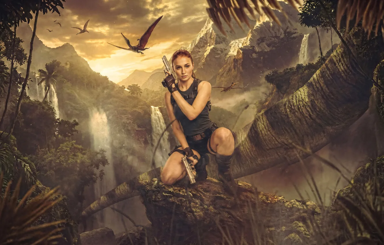Photo wallpaper weapons, figure, jungle, art, Tomb Raider, the series, Lara Croft, Sophie Turner