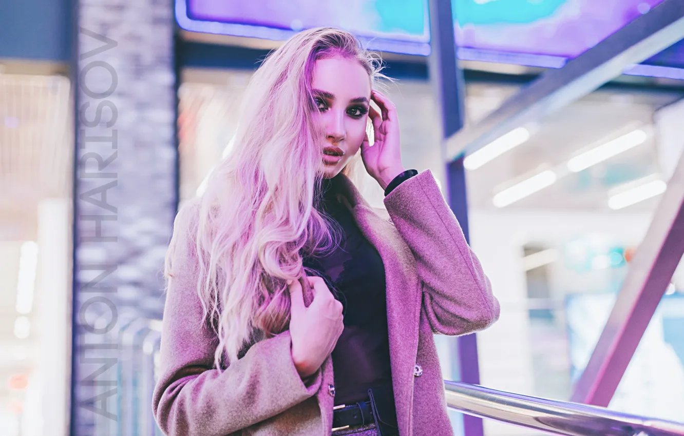 Photo wallpaper girl, sponge, coat, Neon, Anton Kharisov