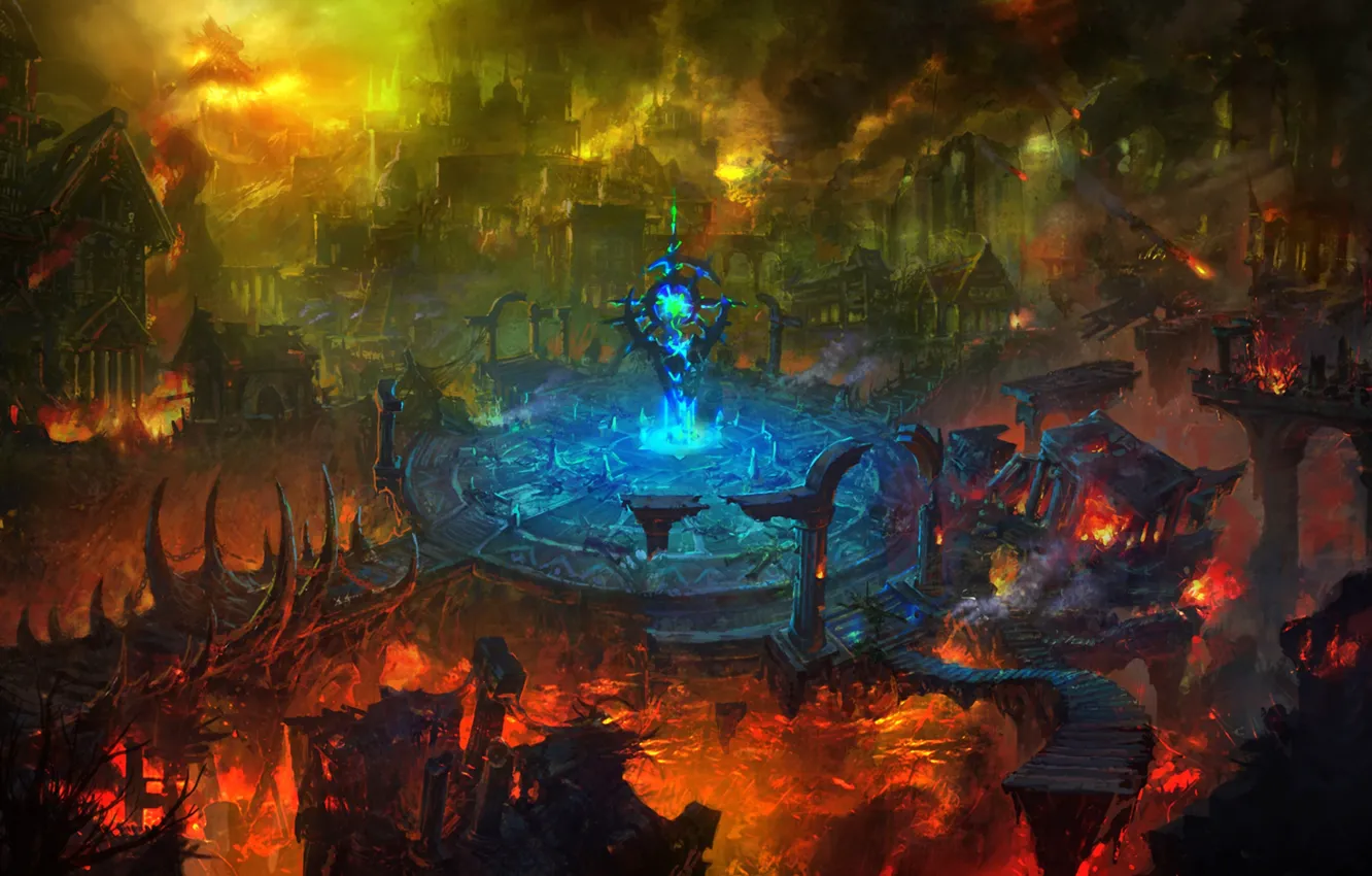 Photo wallpaper the city, fire, destruction, ruins, arena