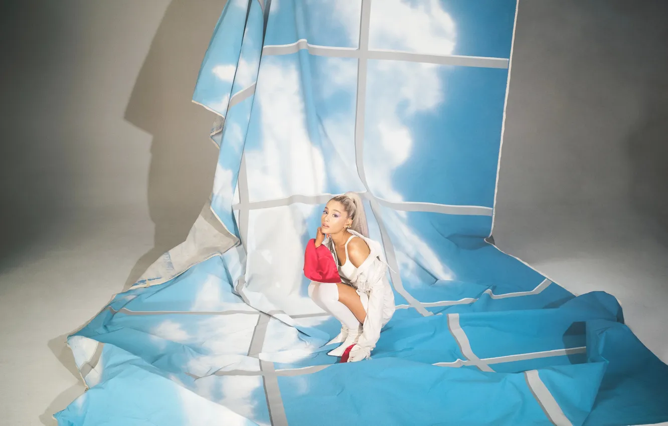 Photo wallpaper white, singer, sitting, Ariana Grande