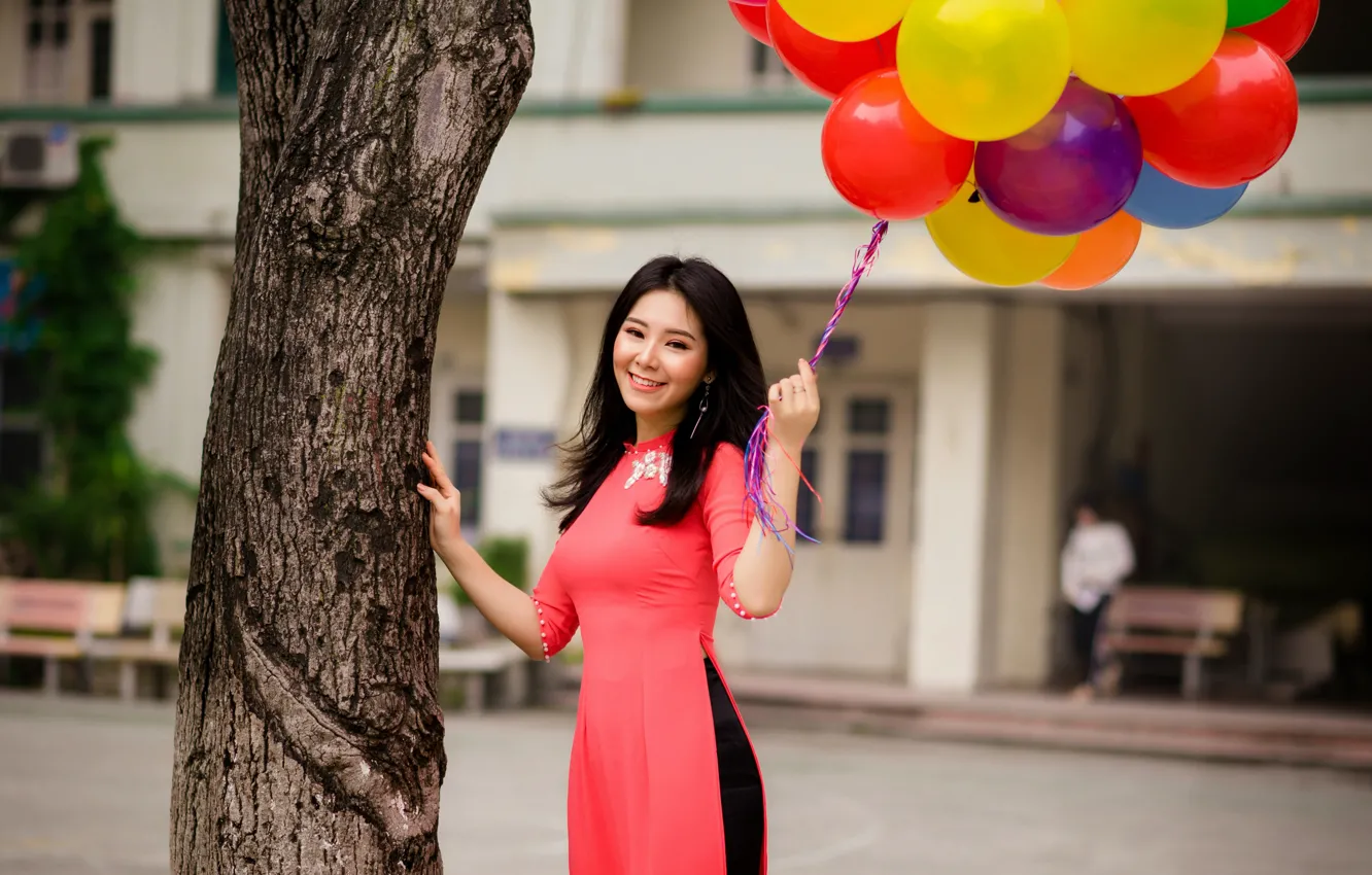 Photo wallpaper girl, smile, mood, dress, Asian, balloons, smiling, Vietnamese