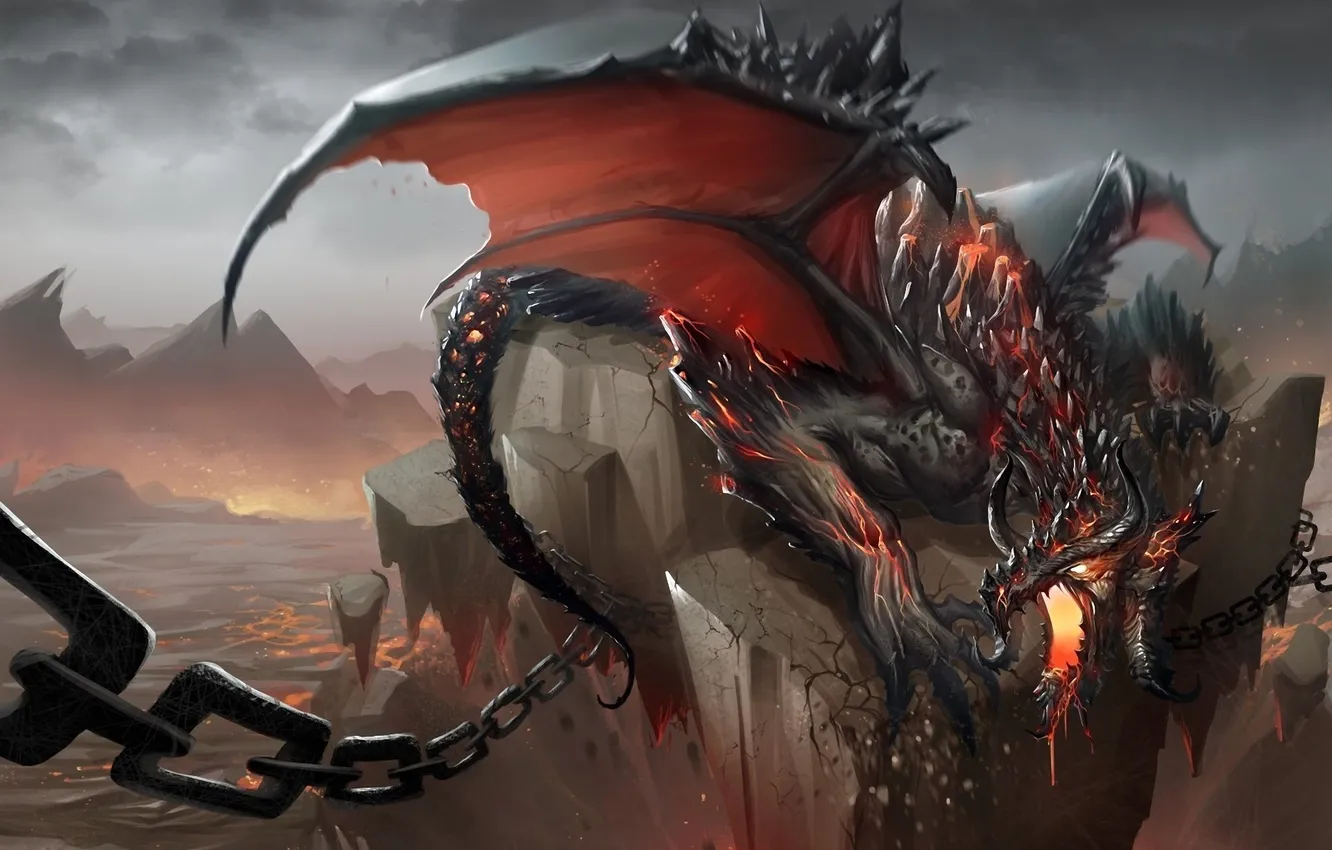 Photo wallpaper cracked, rock, dragon, art, rage, chain