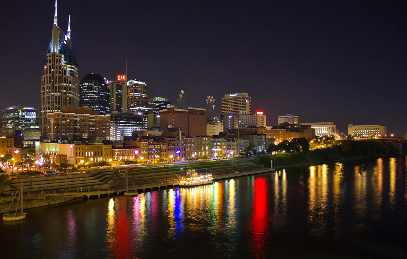 Photo wallpaper night, the city, river, photo, coast, home, USA, Nashville