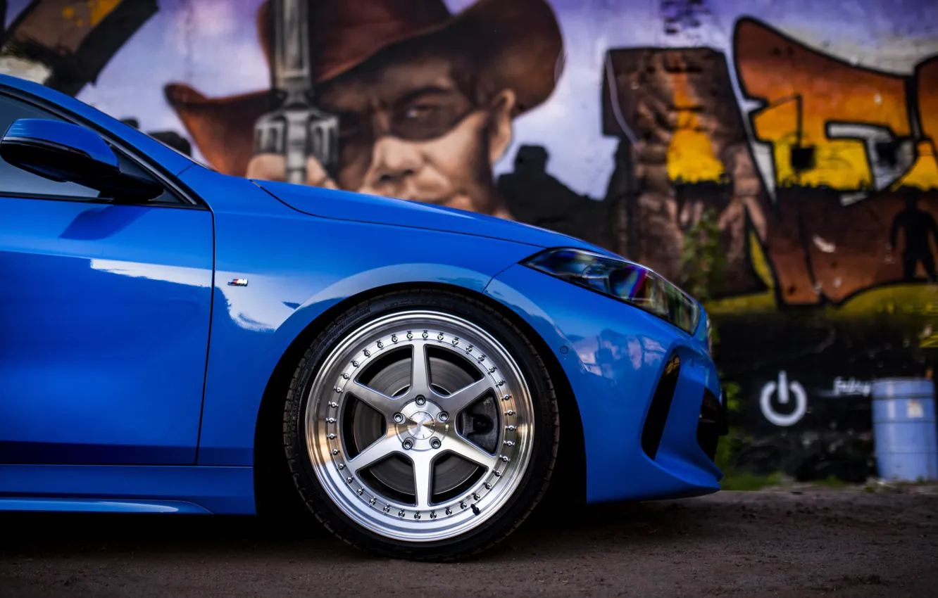 Photo wallpaper BMW, Blue, Graffiti, Side, Wheels, BMW 1 Series, JR Wheels