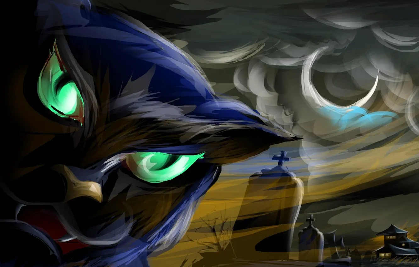 Photo wallpaper face, night, mouth, cemetery, evil, black cat, headstone, lunar Eclipse