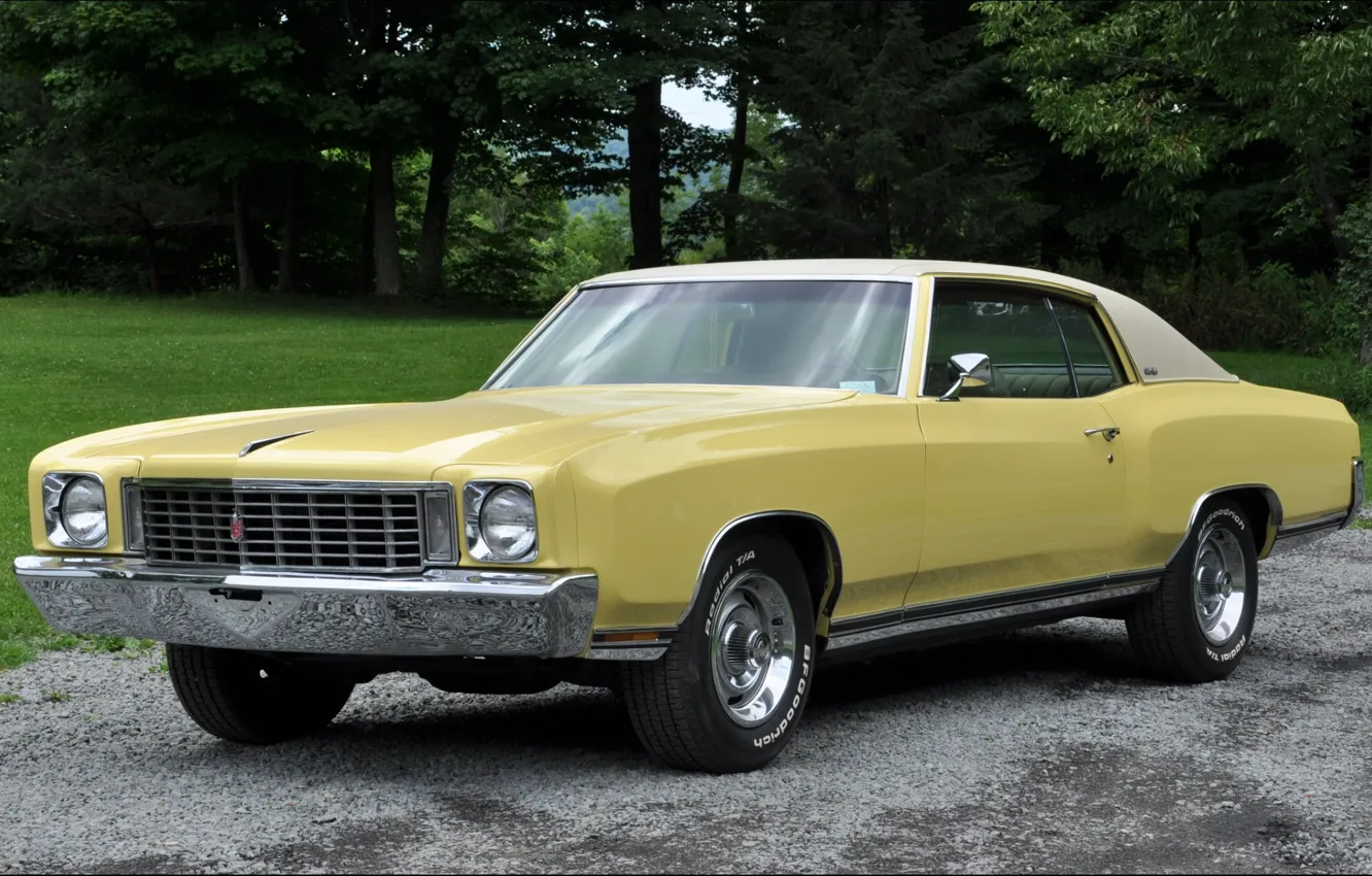 Photo wallpaper yellow, Chevrolet, Chevrolet, chrome, Muscle car, 1972, Monte Carlo, Monte Carlo