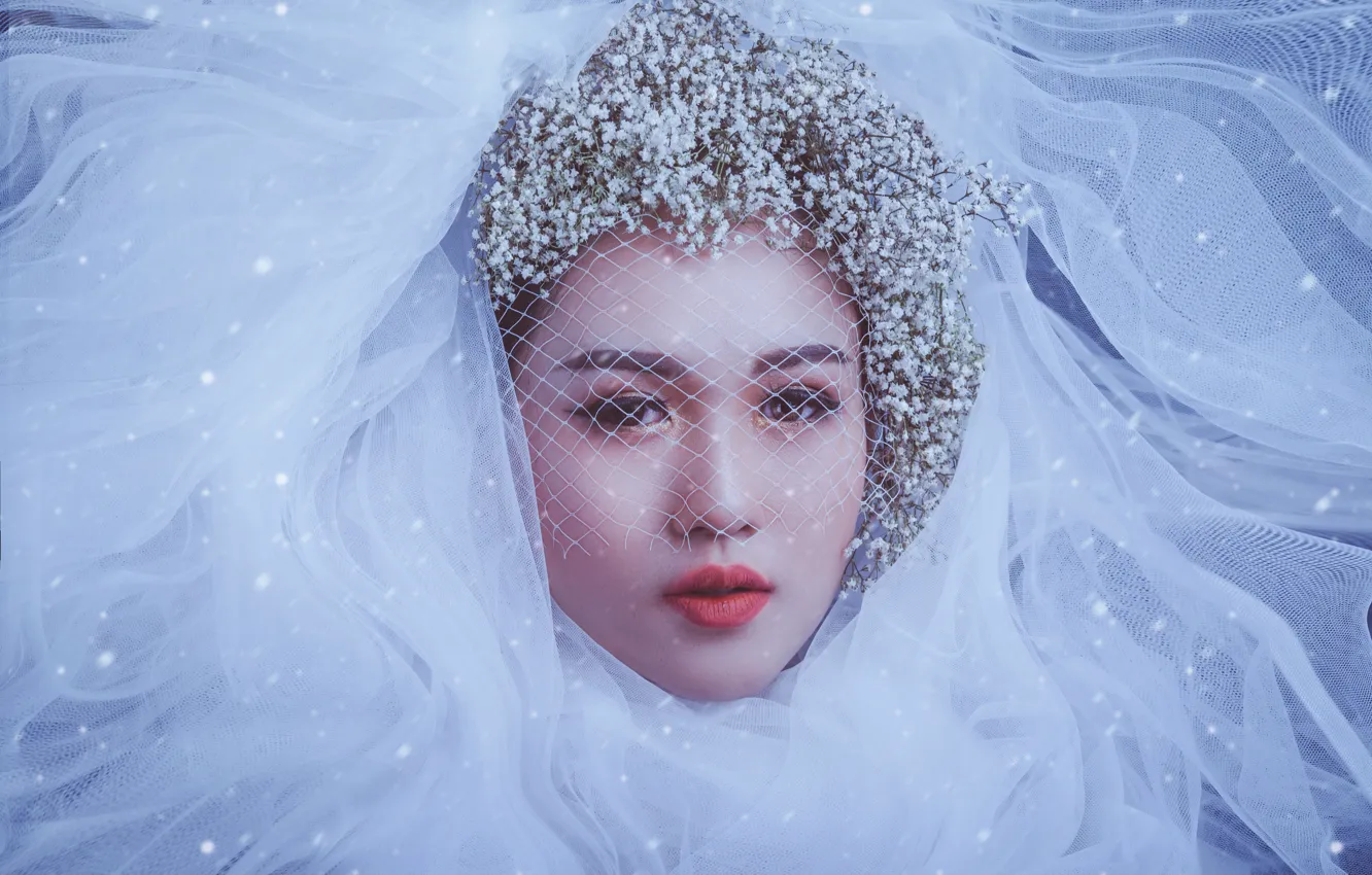 Photo wallpaper look, girl, flowers, face, style, makeup, Asian, the bride