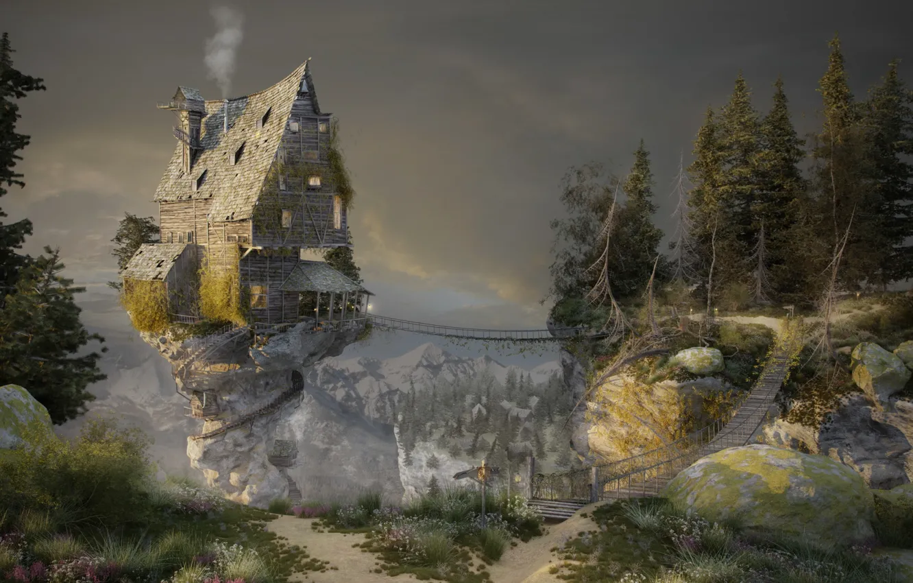 Photo wallpaper road, forest, the sky, mountains, bridge, smoke, home, trail