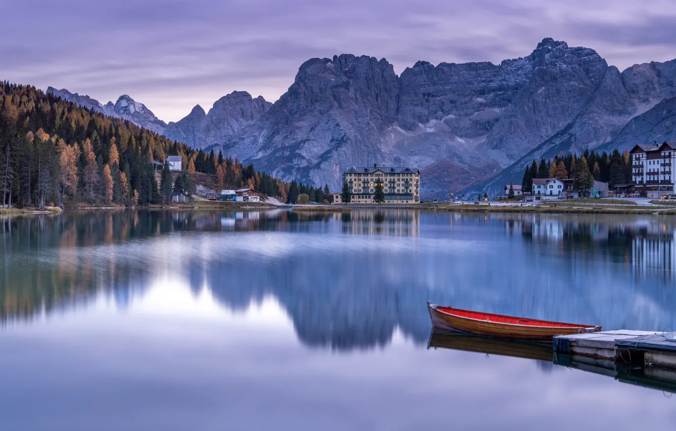 Photo wallpaper mountains, reflection, shore, boat, home, Austria, pond, Hallstatt