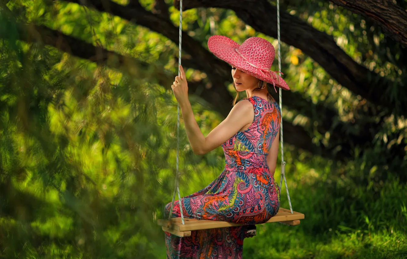 Photo wallpaper girl, nature, pose, swing, tree, hat, dress, George Bondarenko