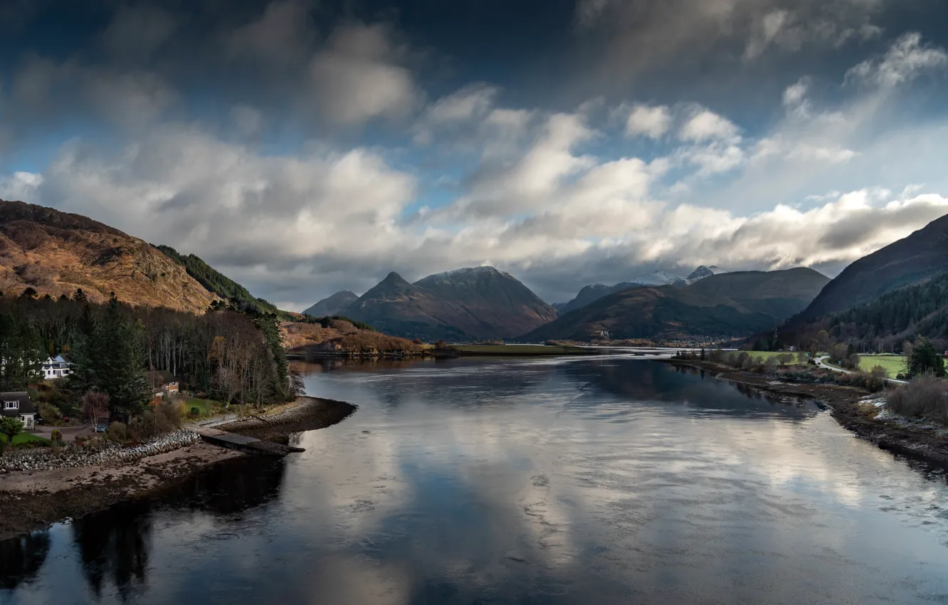 Photo wallpaper the sky, clouds, mountains, overcast, hills, shore, dal, house