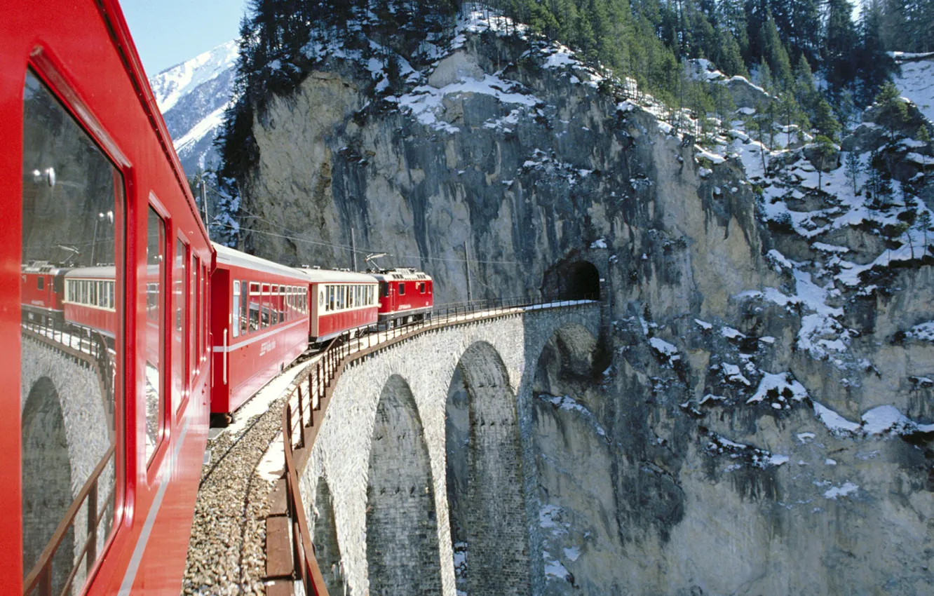 Photo wallpaper forest, mountains, train