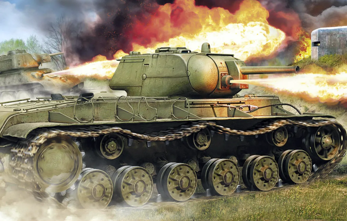 Photo wallpaper figure, offensive, t-34, KV-8S, dot, Soviet heavy flamethrower tank